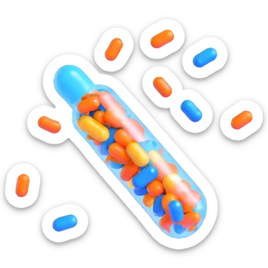 3D celebration emoji with a glossy orange and blue medical capsule split open and shiny, multicolored confetti bursting out, confetti floating in mid-air, playful, high-quality 3D rendering sticker