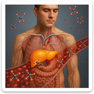 realistic human body in 4K with anatomical overlay highlighting the liver and ketone body production, stylized ketone molecules visible in the blood sticker