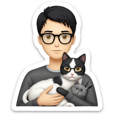 A young man with a long face and warm yellow-toned skin, black hair, wearing a pair of black glasses, cradling a grayish-white cat sticker
