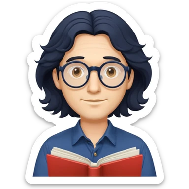 Man with longer wavy black hair, round glasses, dark blue buttoned shirt, holding program booklet for a play sticker