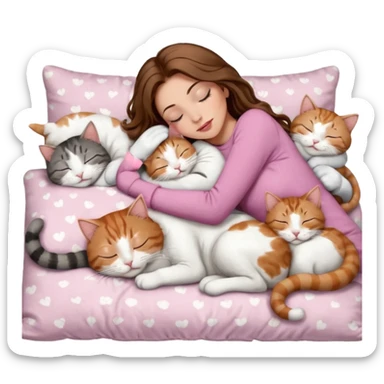 girl with long wavy brown hair, brown eyes, long lashes makeup, sexy pink lips, light to medium complexion,  sleeping on a cozy pillow, with 6 cats: 1 brown and white tabby cat, 1 ginger and white, 2 grey and white, 1 grey with white mittens and small white patch on chest and 1 calico, sleeping sticker