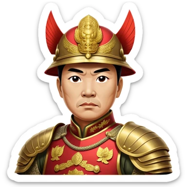 Trần Hưng Đạo – Cinematic Realistic Portrait of Trần Hưng Đạo, depicted as a revered Vietnamese general in traditional armor with a determined gaze, rendered with intricate historical textures and dynamic lighting that highlights his legendary martial spirit and leadership. sticker