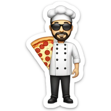 Dark haired chef with beard and big dark glasses holding a slice of pizza sticker