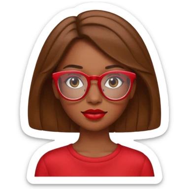 It creates a girl with brown skin, hair a little below her shoulders, just a little, pretty clear glasses, wearing red clothes and red lipstick. sticker