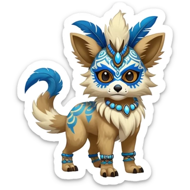 Furry cute colorful exotic tribal feral anime-styled Fakémon-Pokémon-animal-creature with a skull mask, and a feather-mane-collar, and blue feathers, with long furry ears, long furry tail, 4 legs, (full body), with intricate pattern-markings sticker