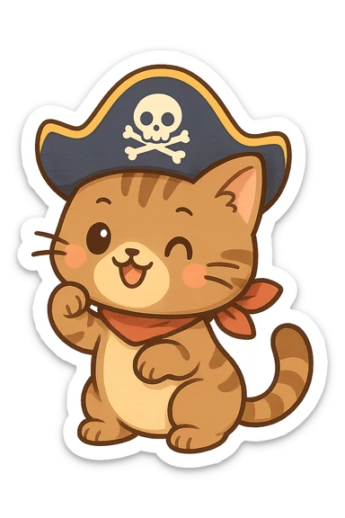 cute and playful cat wearing a pirate hat, chibi stickers style, colorful, fun, adorable sticker