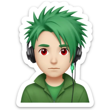 chico pelo medio largo ojos rojos y una camisa verde pelo tipo spike y unos audifonos sticker