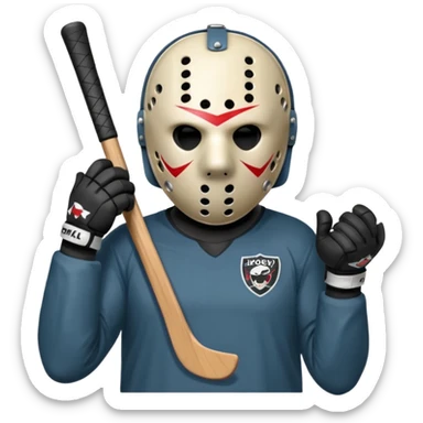 a cartoon image of Jason Voorhees, looking cute, with his hands clasped in front of him, at a sideways angle sticker
