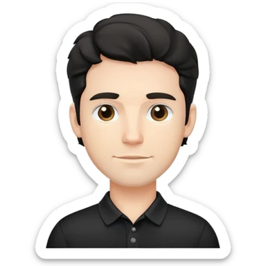 Caucasian male with wavy black hair in a comfortable black polo shirt with collar sticker