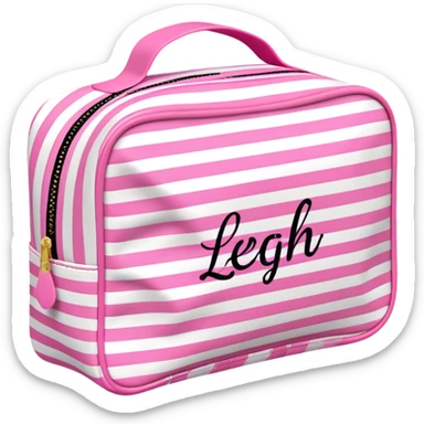 Pink and white striped toiletry bag with the text "Leigh" on it in pink cursive letters sticker
