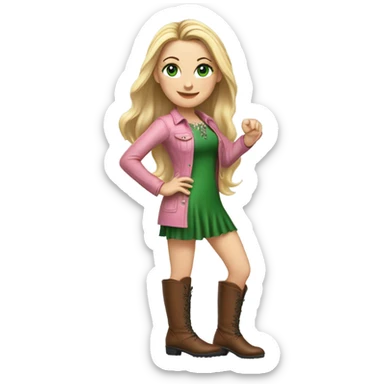Realistic White girl with Long straight blonde hair, green eyes, tattoos, full body wearing pink dress and Brown knee-high leather boots, dancing sticker