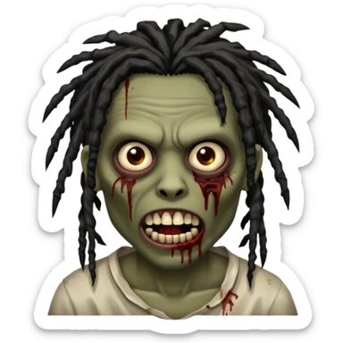 zombie with brown skin, messy black dreads hair, wide centered brown eyes, dark bloody marks under the eyes, and a slightly open mouth showing crooked teeth grillz, giving a distressed, undead look. sticker