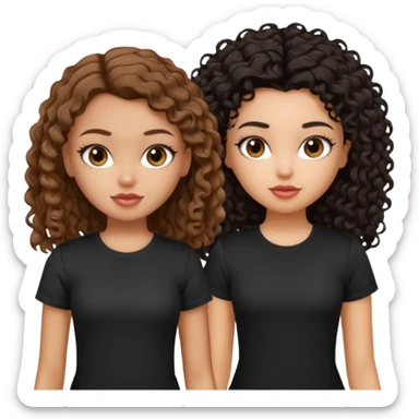2 pretty bratz fair girls. One has straight brown hair and is tan, wearing a white tshirt. One is fair with curly black hair, wearing a black tshirt  sticker