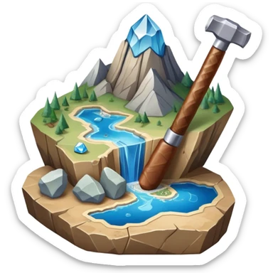 An icon featuring a rock hammer, a fossil, and a geological map, symbolizing geology. The design includes layers of the Earth, a crystal, and a mountain range, representing the study of Earth's structure, materials, and natural processes. Transparent background highlights geological research sticker