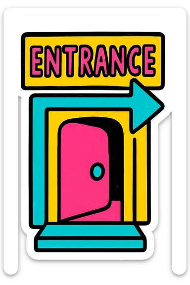 icon representing '입구 위치가 눈에 잘 띄었어요' with a clear entrance doorway, bold visible sign or arrow, emphasizing visibility, friendly modern style, colorful and approachable sticker