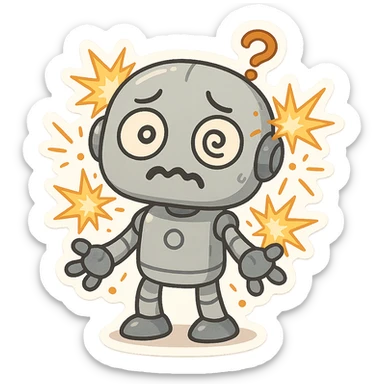 malfunctioning robot, sparks flying, confused face, funny, cartoon style sticker