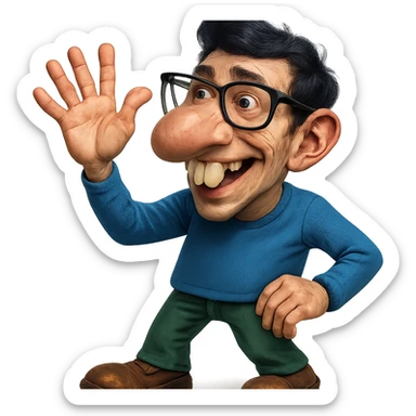 Make this character look like a nerd with an even bigger nose, buck teeth, glasses, and more realistic features. Keep the hand visible. Style should be semi-realistic, nerdy, expressive, with no background. sticker