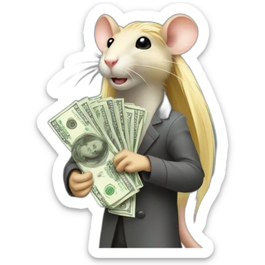 Rat standing up with long blond hair holding money sticker