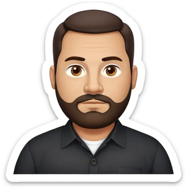 Very stocky businessman in his 40s with light brown skin, pear-shaped face (wider at bottom), full cheeks, medium dark brown eyes, thick eyebrows, wide nose, professional expression, short full beard, short dark hair, wearing a black button-up shirt sticker