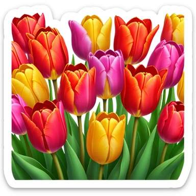 Tulips – Cinematic Realistic Tulips, depicted as a vibrant field of blooming tulips in brilliant hues, each delicate petal catching dewdrops under soft, natural spring light, rendered with detailed textures and a dreamy, picturesque glow. sticker
