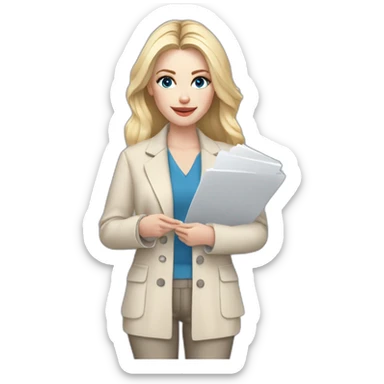 pale skin woman interior designer with cold blonde middle length hair, blue eyes, beige blouse, White oversize jacket, Gray skirt holding a color palette in the hands sticker