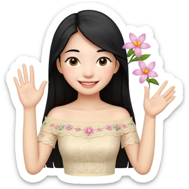 beautiful happy Thai woman with long straight black hair, fair skin, smiling gently while doing Thai greeting gesture (wai), wearing a cream lace off-shoulder blouse, hair decorated with flowers, pastel background, emoji style illustration sticker