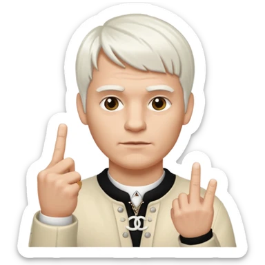 white guy with white hair and bangs showing middle finger and logo chanel sticker