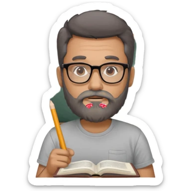 A man with a large gray beard, dark hair, wearing a t-shirt and glasses, studying. sticker