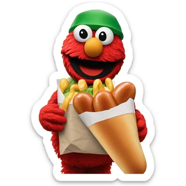 Photorealistic Elmo at 7/11 buying a hot dog sticker