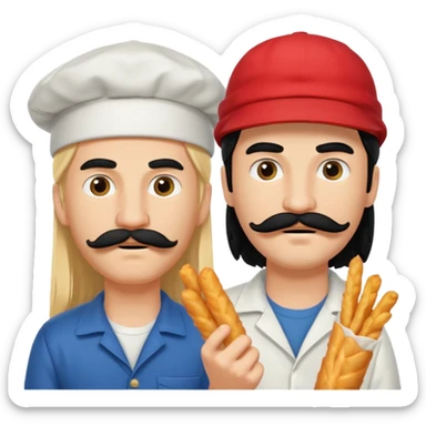 Aurore had long blond hair and Enzo is an Italian boy with mid-long black hair, mustache and a cap on his head and they are figthing like monster about mozzarella sticks sticker