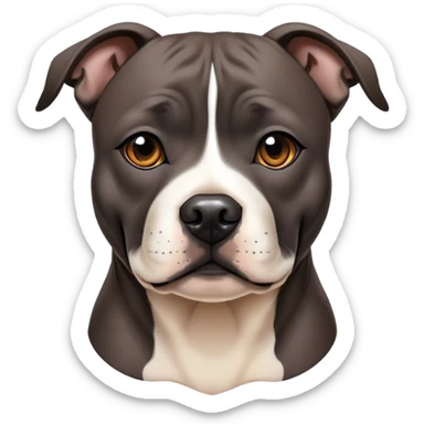 Cinematic Noble Black/Brindle Staffordshire Bull Terrier Portrait Emoji, Poised and regal, with a compact, muscular build and a sleek, well-groomed Fur featuring a striking mix of black and brindle patterns, deep-set soulful dark eyes, Simplified yet sharp and sophisticated features, highly detailed, glowing with a soft, dignified glow, high shine, intelligent and loyal, stylized with an air of strength, focused and attentive, soft glowing outline, capturing the essence of a watchful and confident guardian, so majestic it feels as though it could stride out of the screen with effortless authority! sticker