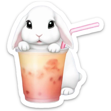 White mini lop rabbit drinking boba tea sticker