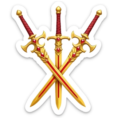 Two crossed swords that are golden in blade and handle and have fiery and royal appearence to them as well as red gem stones yellow in color sticker