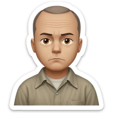 Carl from Sling Blade, serious expression, very detailed features,very recognizable features, chin sticking out, slouching posture, no glasses, shirt with collar,show his entire body, he is standing. three-quarter face angle view. He sticks his head forward. less apple style emoji.  sticker