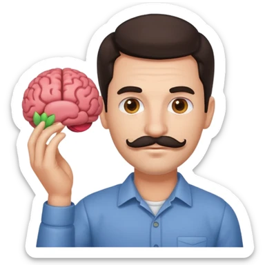 attractive man with dark hair and down turned mustache holding a brain as an emoji sticker