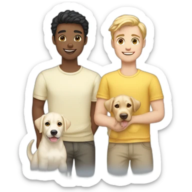 gay-couple,-1-guy white straight blackhair australian-and-1-australian-white-guy-with-blackhair-slightly-curly-holding one light yellow labrador retriever puppy one labrador retriever puppy sticker