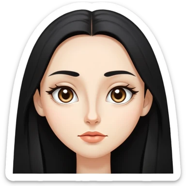  female with long black hair and big forehead, almond eye, straight pointy nose, thin lips, inverted triangle face  sticker
