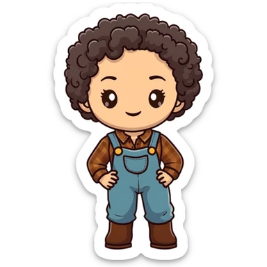 white girl with very curly dark brown hair, brown eyes, wearing farm clothes sticker