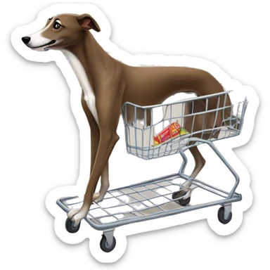 A brown greyhound pushing a grocery cart  sticker