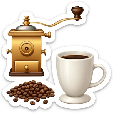 coffee shop essentials: coffee cup, pastry, coffee beans, and coffee grinder sticker