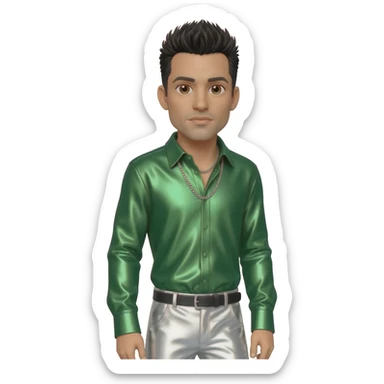Danny Wood from NKOTB with brown eyes, black hair, green metallic shirt, white metallic baggy pants, silver necklace sticker