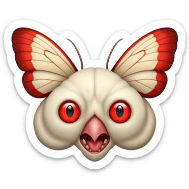 Create a scary emoji of the mothman with bright red eyes and as depicted in the legend. Make it less bird like and more Moth / Human hybrid sticker