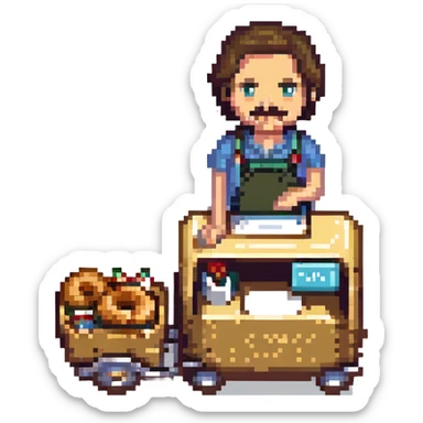 simitçi adam with a mustache and simit cart pixel art sticker