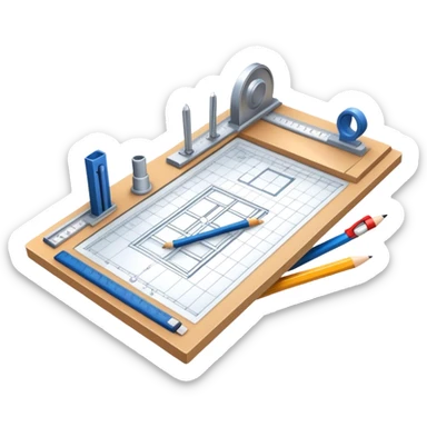 Sleek icon for Architecture: engineer's drawing board with blueprints 3D model of building,  pencil, architect's rulers and protractor. Transparent background. sticker