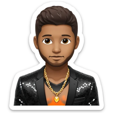 Usher with dark brown hair, black sequin suit jacket, shirtless with necklace sticker