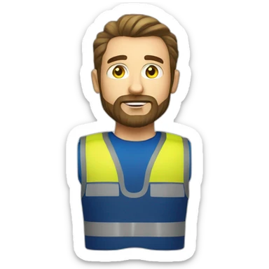 Ikea manager blue eyes beard with laptop and yellow security vest sticker