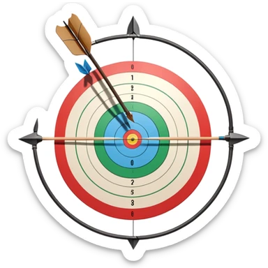 A professional recurve bow with an arrow nocked, ready to be released. The target features concentric rings, placed at a distance. The emphasis is on the bow, arrow, and target, highlighting the precision, focus, and skill involved in competitive archery. sticker