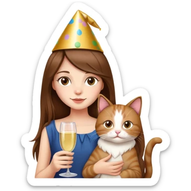 A long-haired girl wearing a birthday hat holding a cat and drinking champagne sticker