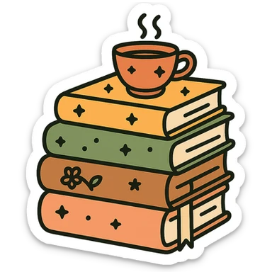 A cute stack of books with a cozy and magical vibe, each book bound in soft, harmonious colors: golden orange (FA9B41), forest green (4A7C5C), warm taupe brown (96775A), and pastel peach (FFCC9A). The books are slightly worn with rounded corners and decorative covers featuring tiny stars, floral motifs, or whimsical patterns. A ribbon bookmark peeks out from one, and a small cup of tea or magical trinket rests on top of the stack. The lighting is warm and gentle, with a dreamy, storybook feel. The overall scene feels inviting, charming, and gently enchanted. sticker