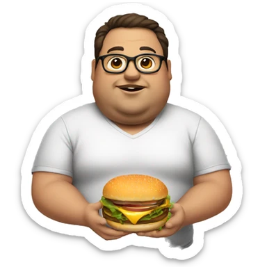 fat man, wearing eyeglasses, eating a burger, dark brown hair sticker